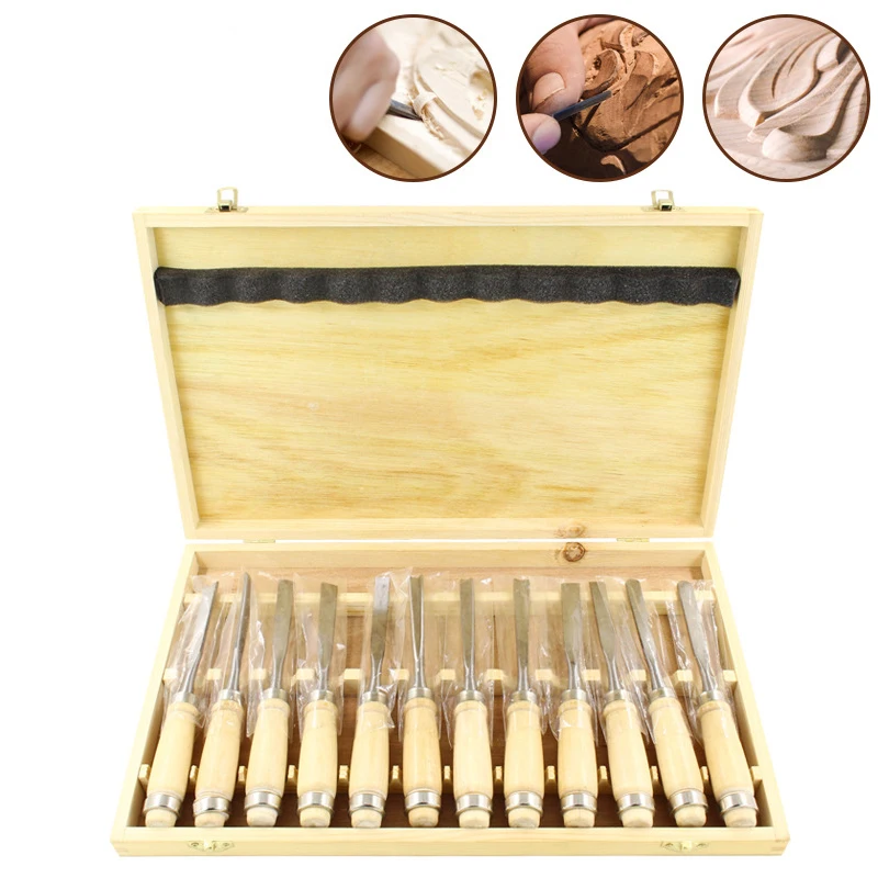 

12Pcs/Set Wood Carving Chisel Woodworking Carving Hand Chisels DIY Tool Kit Steel Blade with Wooden Handle