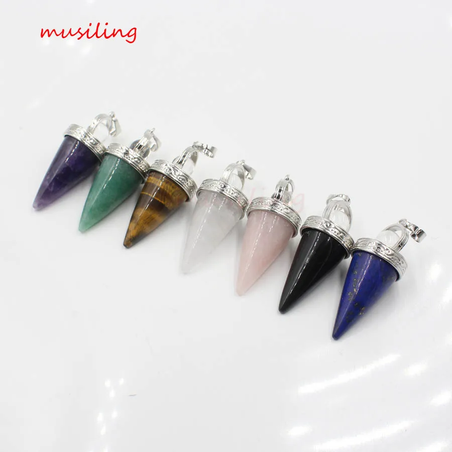 

Conical Pendulum Natural Stone Amethysts Crystal Quartz Pendants Reiki Charms Silver Plated Fashion Jewelry Wholesale
