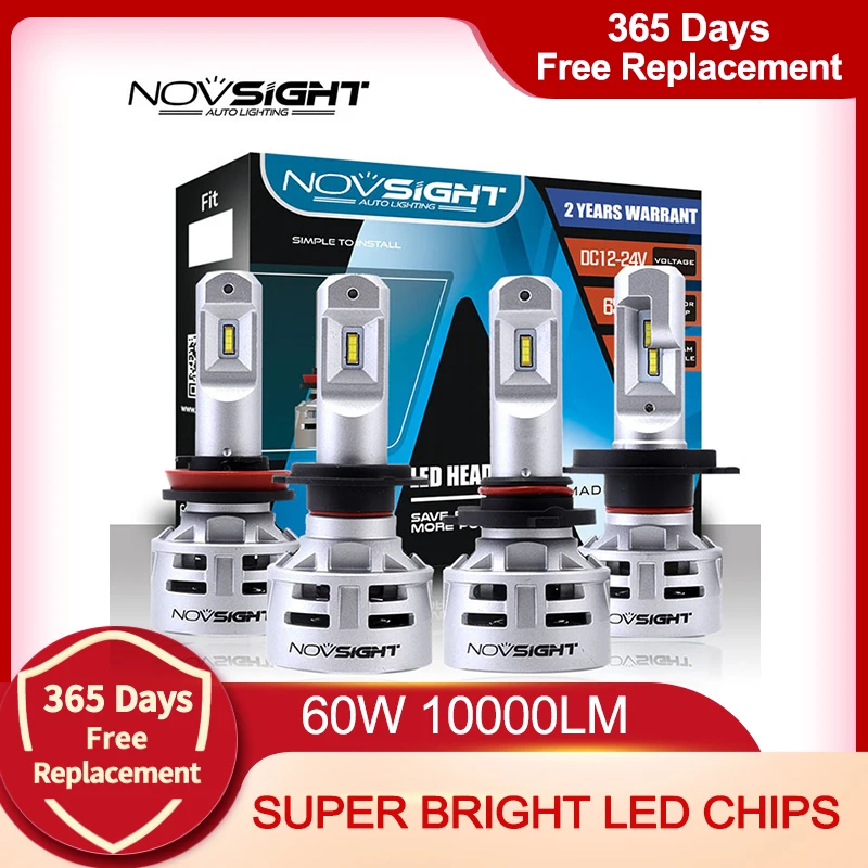 NOVSIGHT H7 LED H4 led H11 HB3 9005 HB4 9006 Car LED Headlight Bulbs 60W 10000LM Automobile Headlamp Fog Lights 12V 24V