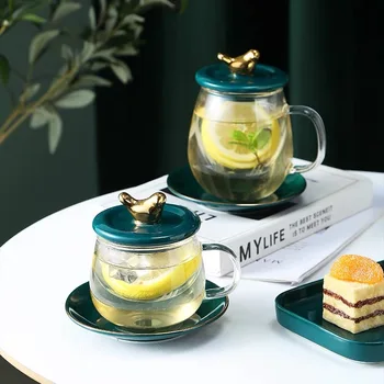 

European Glass Teacup With Handle Ceramic Lid Saucer Transparent Filter Flower Tea Cup Housing Drinking Water Cup