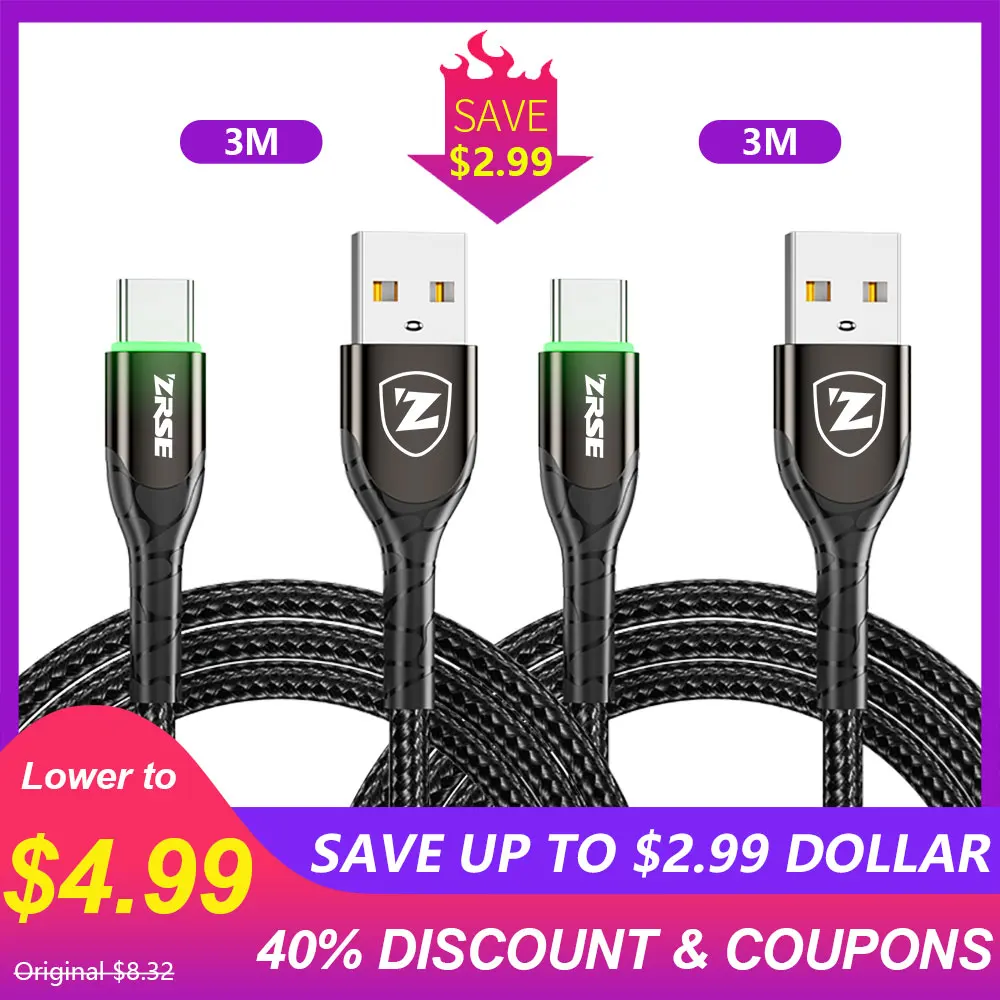 3M And 3M Black ZRSE светодиодный кабель usb type C 3M 2 м USB-C кабель передачи данных для быстрой зарядки телефона зарядное устройство Шнур для Xiaomi Redmi Note 8 7 huawei P30 Pro P20 - Цвет: 3M And 3M Black