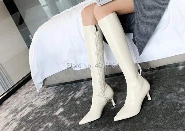 KALMALL/; Botas Mujer; сапоги до колена; женские ботинки с острым носком на каблуке-рюмочке; ботинки на молнии; цвет черный, белый; ботинки винного цвета; большие размеры 43