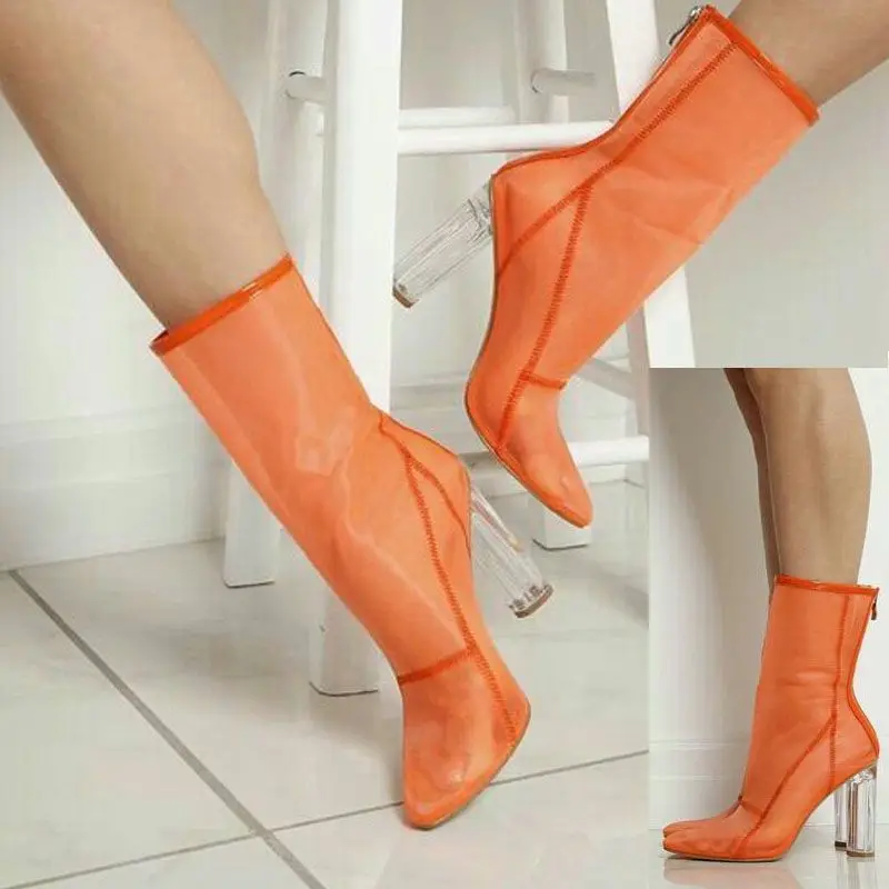 

Concise Transparent Crystal Breathable Mesh Ankle Boots Back Zipper Sexy High Heels Fashion Cozy Pointed Toe Shoes For Woman