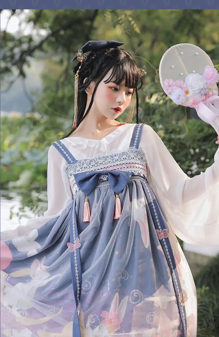 

Chinese style kawaii girl sweet lolita dress lace bowknot cute printing high waist kawaii dress loli cosplay gothic lolita jsk