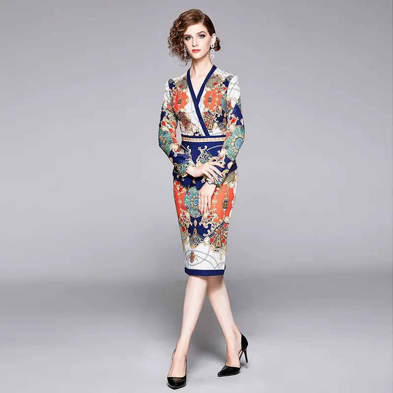 

2019 New Style Europe And America WOMEN'S Dress V-neck Waist Hugging Sheath Vintage Printed Fake Two-Piece Dress Fashion [Photo