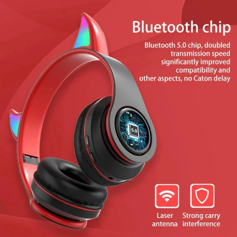 Headphone Bluetooth Telinga Iblis dengan Mikrofon Stereo Musik RGB Berkedip untuk Ponsel Pc Headset Gaming Gamer Hadiah Anak Laki laki