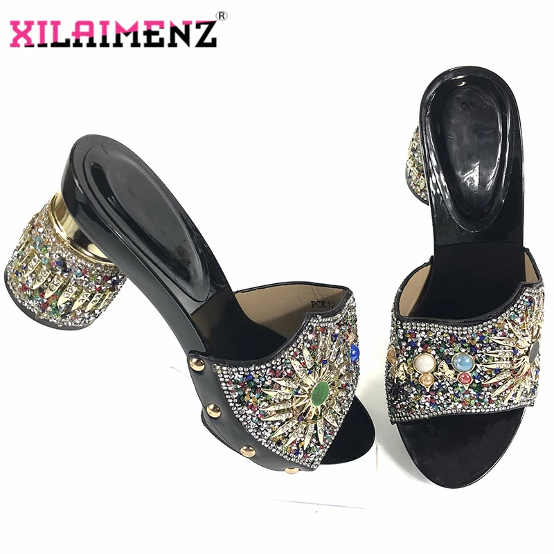 

2019 High Quality Italian Slipper African Slingbacks Peep Toe Shoes for Wedding Nigerian Decorate with Rhinestone for Party
