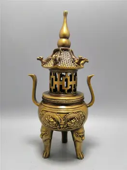 

9.06" Exquisite Chinese brass Handmade carving Dragon Pagoda Incense burner