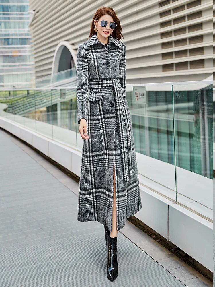 Новое Женское зимнее пальто теплое кашемировое пальто женское серое клетчатое шерстяное пальто отложной воротник однобортное длинное женское пальто