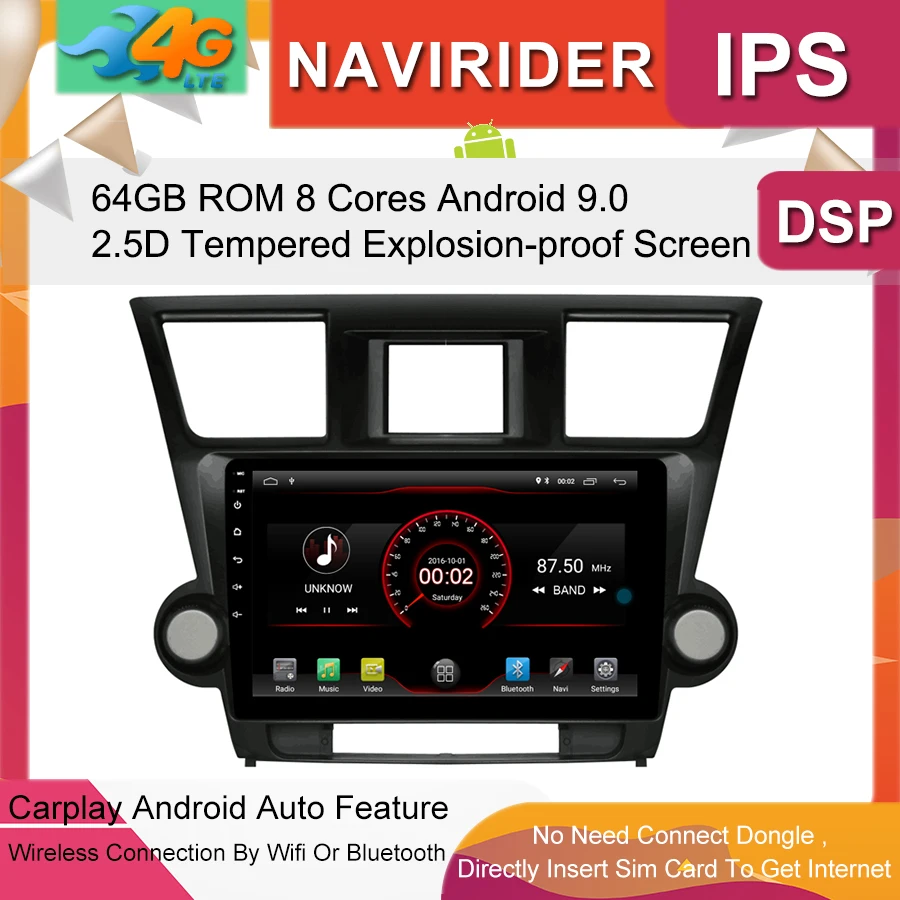 Best Car Multimedia Player 10.1inch IPS Screen Monitor GPS tape recorder Bluetooth Android 9.0 For Toyota Highlander 2012 Auto Audio 0