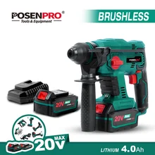 POSENPRO-martillo rotativo eléctrico sin escobillas, herramienta de perforación de hormigón, 20V, 4 Funciones