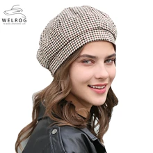 WELROG, женская мода, клетчатый шерстяной берет, шапка, новинка, Корейская, Литературная, восьмиугольная шляпа, индивидуальная, живописная шляпа, восьмиугольная шапка