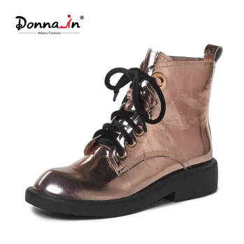 

Donna-in Autumn Winter Women Ankle Boots Genuine Leather Crossed Tied Comfortable Round Toe Flat Boots Golden Black Footwear