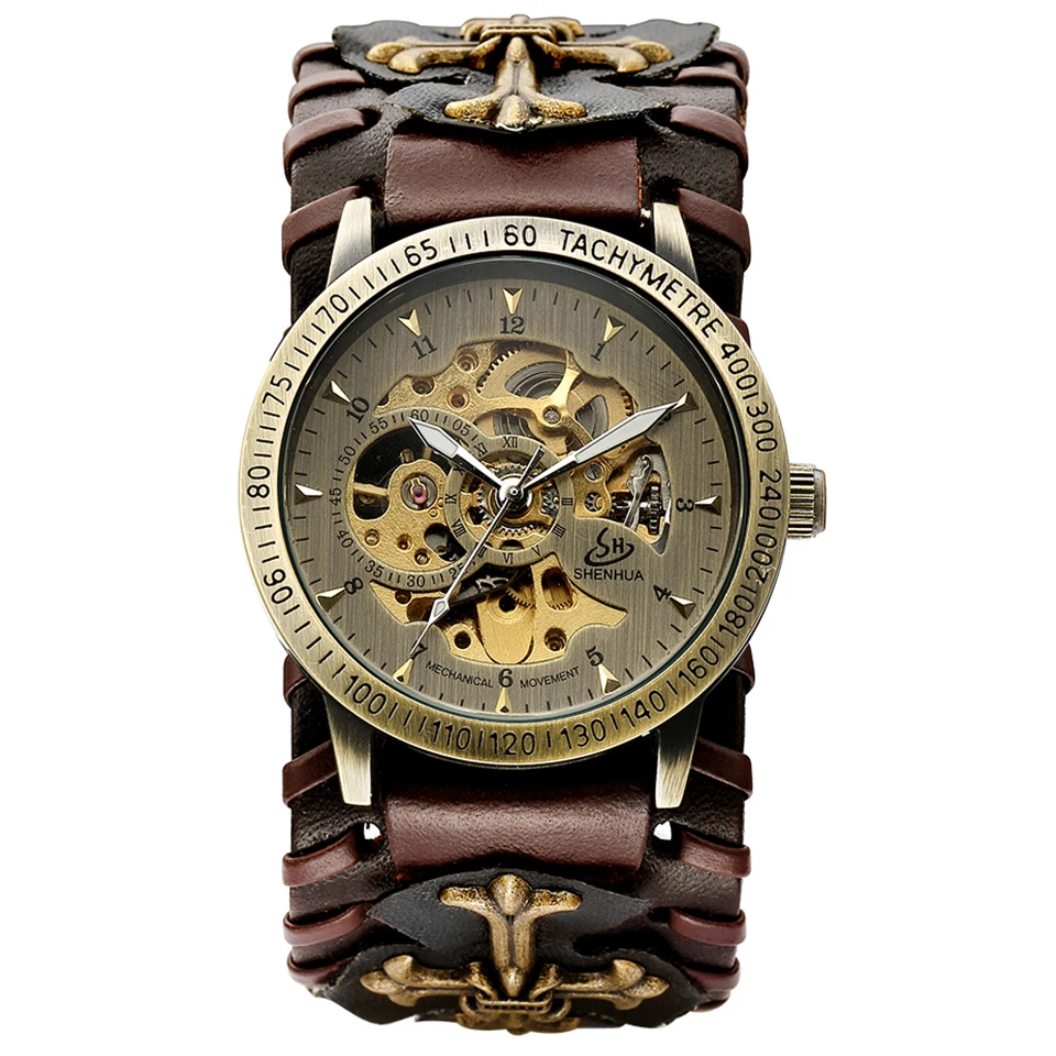 Leather Mechanical Watch Men Automatic Steampunk Watch Mens Skeleton Watches  Bronze Transparent Vintage Sport Wristwatch Male