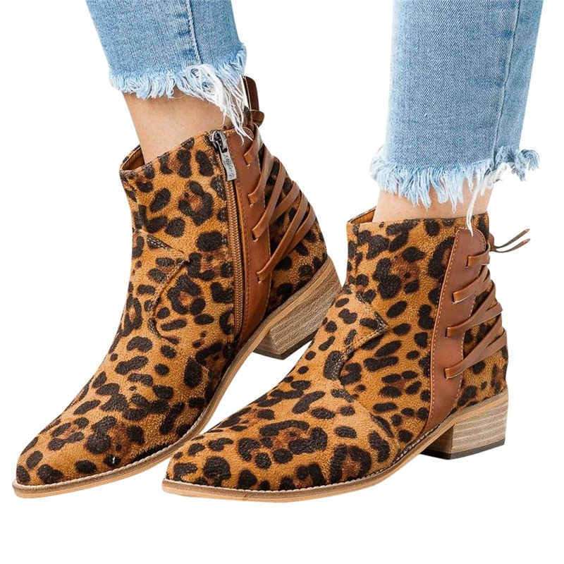 Boots Women Leisure Fashion Zipper Ankle Boots Leopard Casual Large Size Scrub Single Boots Retro Ankle Zapatos De Mujer #5