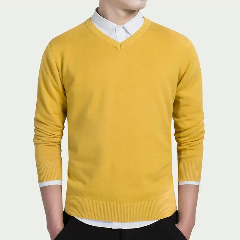 Yellow Men's Fashion Boutique Pure Color Cotton Cardigan V-neck Formal Social Business Knitting A Sweater Male Sweater - Цвет: Yellow