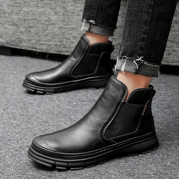 

Men Snow Boots plush warm Winter Men slip on Male Ankle Boots outdoor genuine leather Waterproof Man Shoes Motorcycle Boots o4