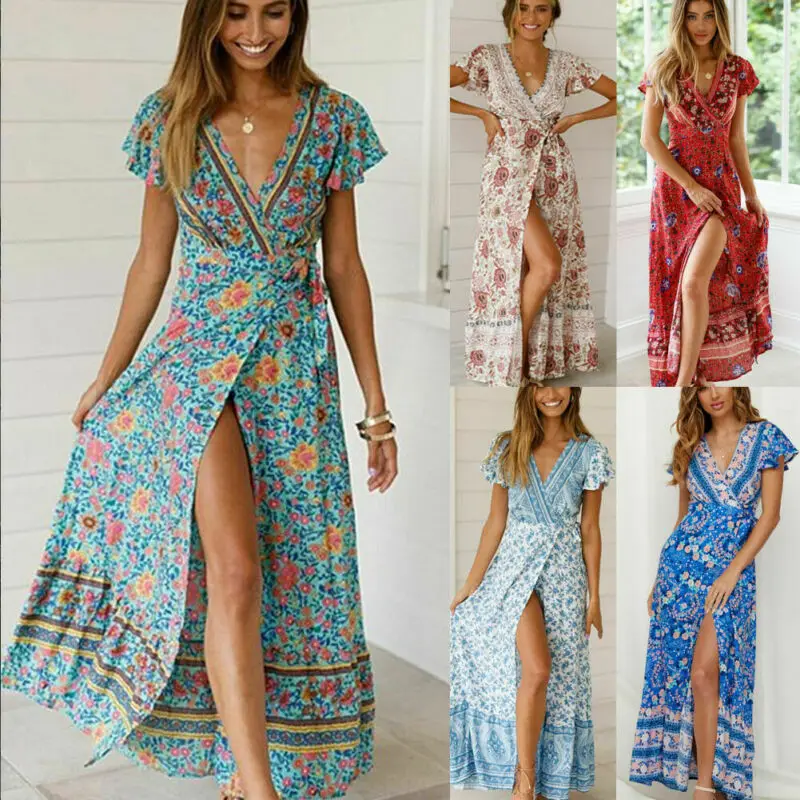 

US Women Summer Boho V-Neck Floral Long Slit Dress Party Cocktail Beach Sundress