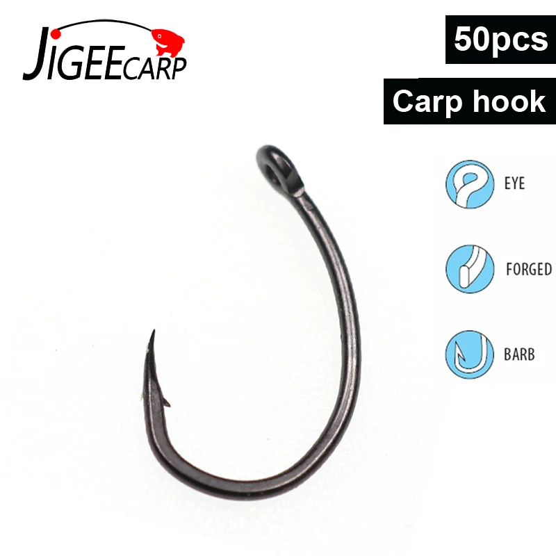 JIGEECARP, 50 шт., крючки для ловли карпа с тефлоновым покрытием, Высокоуглеродистая сталь, крючки для ловли карпа, кривой хвостовик, микро Барб, Yn крючок для карпа, грубая