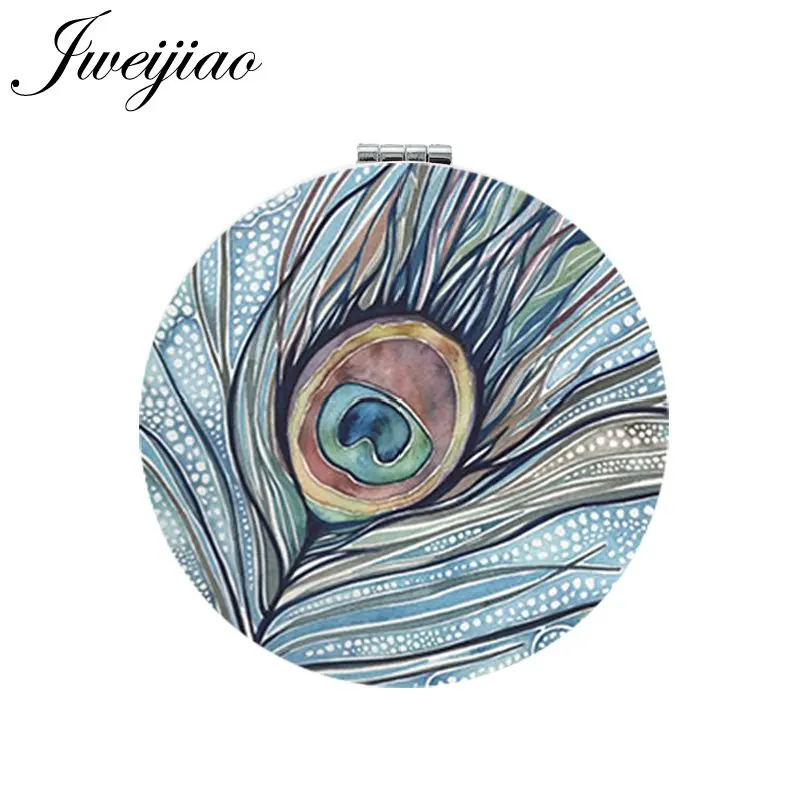 

JWEIJIAO Peacock feather Art Picture Round Makeup Mirror PU Leather Mini Folding Compact Portable 1X/2X Magnifying Pocket Mirror