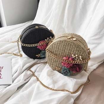

New Fashion Women Floral Beach Straw Woven Bags Rattan Holiday Shoulder Bag Round Handbag