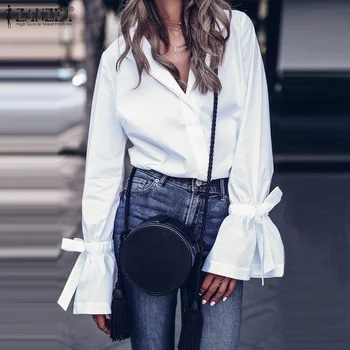 

ZANZEA 2020 New Fashion Lady OL Shirts Women Casual Flare Sleeve Blouses Buttons Down Solid Tunic Tops Chemiser Mujer Blusas 5XL