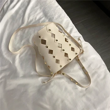 

Fashion Rivet Women Bucket Shoulder Bags Tote Handbag Female Classic Hollow Satchel Bag 2pcs Drawstring Shoulder Handbags
