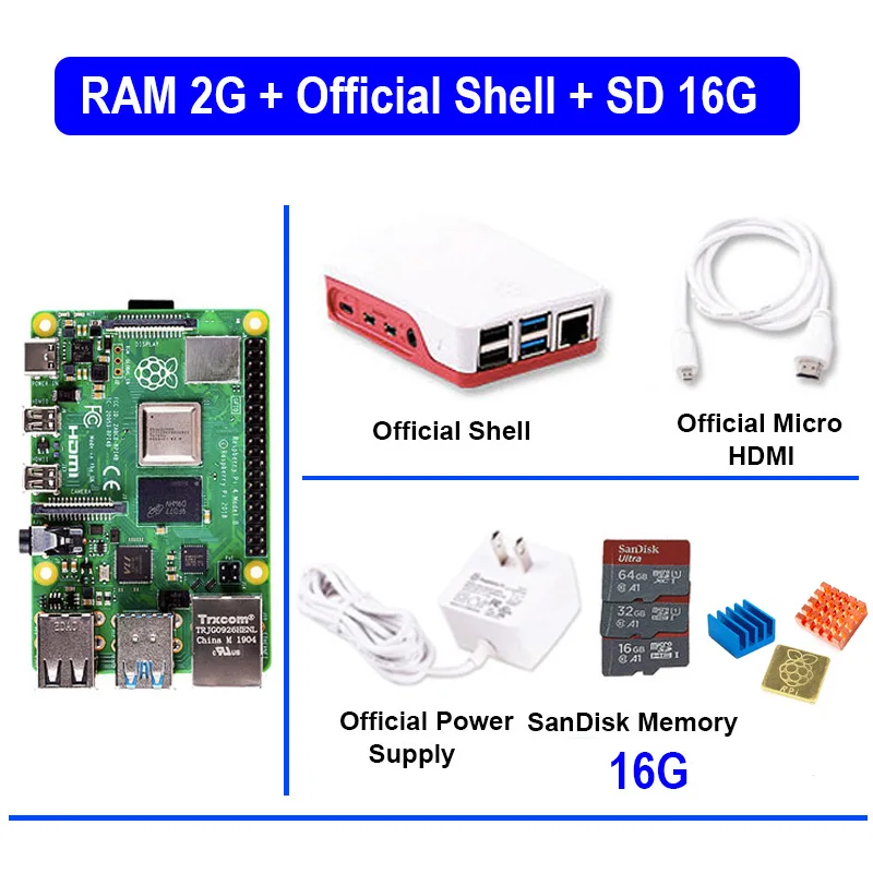 Official Shell SD16G Raspberry Pi 4 Модель B 4B С оперативной памятью 2 ГБ 1,5 ГГц 2,4/5,0 ГГц wifi Bluetooth 5,0 корпус Охлаждающий радиатор источник питания последняя - Комплект: Official Shell SD16G