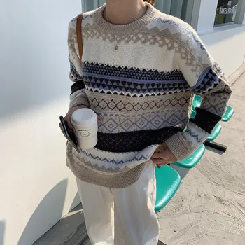 

Retro ethnic style contrast pattern knitted sweater women's autumn and winter 2019 Korean casual sweater