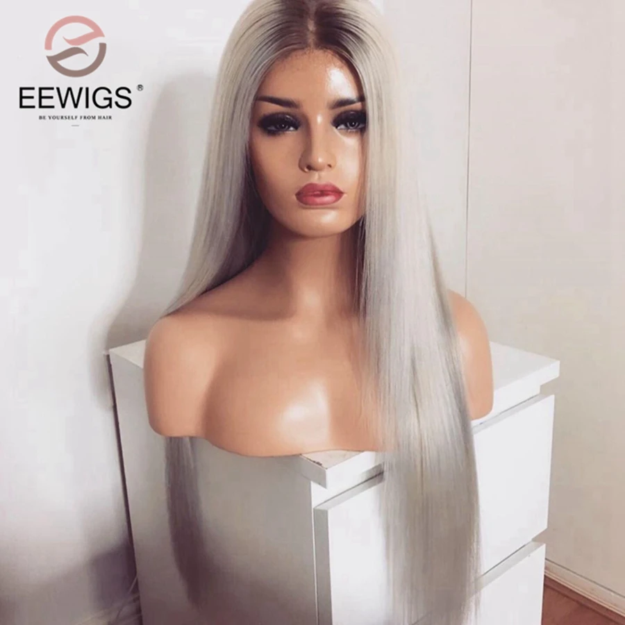 EEWIGS высокая температура желтый блонд синтетический парик Серый прямой кружевной передний парик с волосами младенца бесклеевой Омбре парики для женщин
