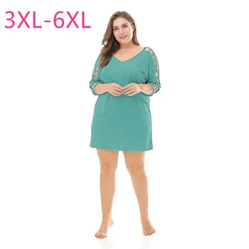 

New 2020 summer plus size mini dress for women large loose casual blue cotton red V neck straight knit dress 3XL 4XL 5XL 6XL