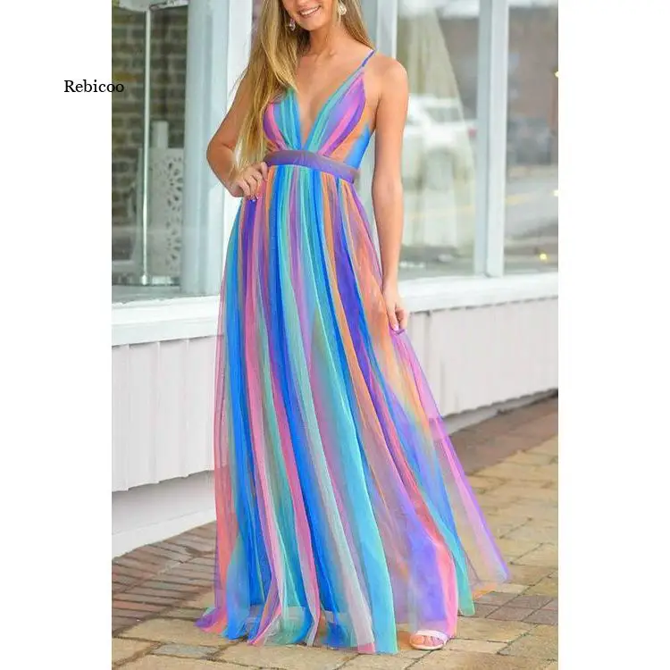 

Ladies Chic Design Mesh Dress Rainbow Color Spaghetti Strap Summer Beach Women Maxi Dress Vestidos New