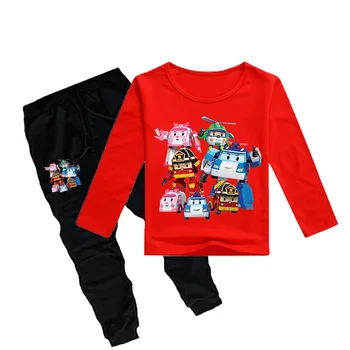 

2020 Korean version of children's clothing robocar children's round neck long-sleeved T-shirt + trousers poli girls boy outfits