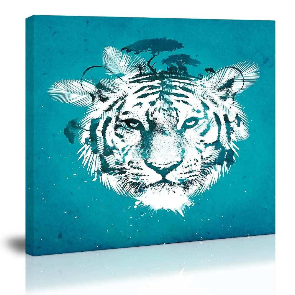 

Tiger On The Blue Backgroud in African American Wall Art Decor Animal Canvas Painting Kitchen Print Picture for Home Living Room