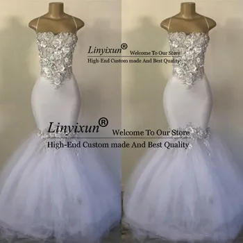 

White Mermaid Prom Dresses 2020 Silver Gray 3D Appliques Summer Floor Length Party Gowns Satin And Tulle Cheap Evening Dress