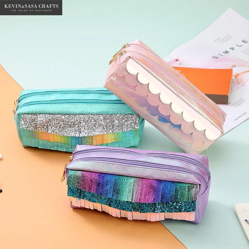 Estuche de lápices súper grande, borlas de purpurina de doble suministros escolares, papelería, regalo, estuche para lápices escolares|Estuches - AliExpress