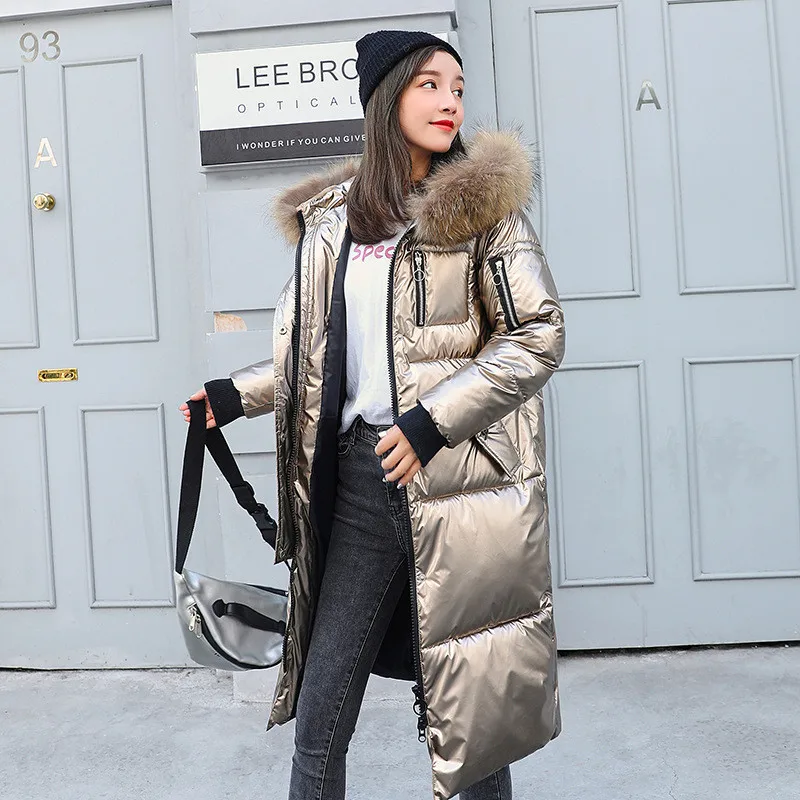 Зимнее пальто и куртка для женщин, длинное пальто с меховым воротником, парка с капюшоном, теплая корейская мода, утолщенная куртка-пуховик для женщин серебряного цвета