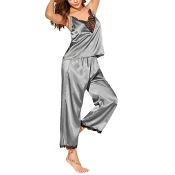 

Women Pajamas Silk Set Simulation Home Wear Sexy Lace Stitching Sling Top Pants Sleepwear