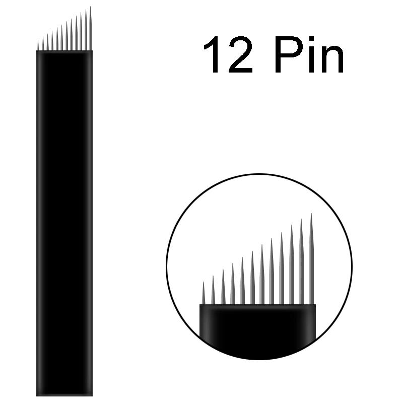 100pcs 12Pin 100 шт., черные микроблейдинг иглы Lamina, 0,18 мм, u-образная Тени 18 штифтов, лезвия 12, 14, 16, 21 штифт, лопасти иглы татуажа, Перманентный макияж, ручка для форма - Габаритные размеры: 100pcs 12Pin