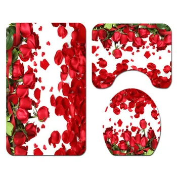 

4-piece Rose Petal Printing Bathroom Mat Set Antiskid Waterproof Washroom Carpet Contour Mat Toilet Seat Lid Cover Shower Curtai