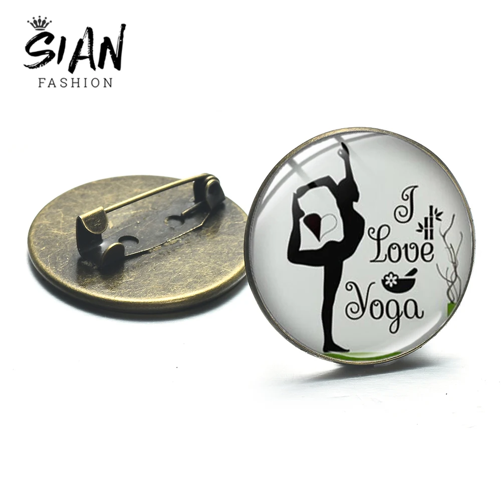

SIAN Yoga Dance Women Cartoon Letter Brooch Yoga Club Badge Glass Crystal Round Metal Brooches Backpack Clothes Decorative Pins