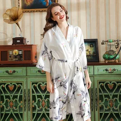 New Pajamas Women's Ice Silk Nightgown Middle Sleeves Large Size Bathrobes Simulation Silk Bride