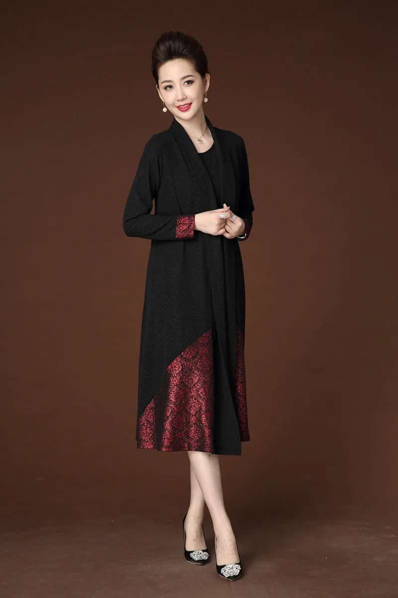 Китайский стиль модное женское элегантное платье комплект среднего возраста осенние вечерние платье контрастных цветов Длинные платья плюс размер L-XXXXL