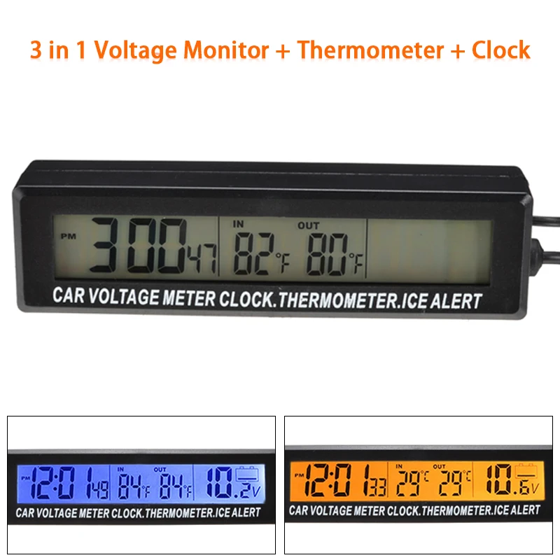 

New 3 in 1 12-24V Car LED Digital Indoor Outdoor Thermometer Voltmeter Temperature Display Electronic Clock Car 114*25*30mm