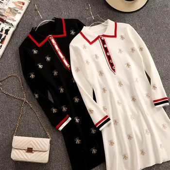 

New Autumn and Winter Female Spring Knitted Dress with Long Sleeves Embroidery