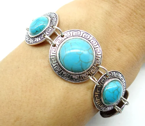 

fashion Natural stone Legering Vintage Zilveren Etnische Stijl Antieke Quartz crystal Turquoises Jewelry making Gem Armband