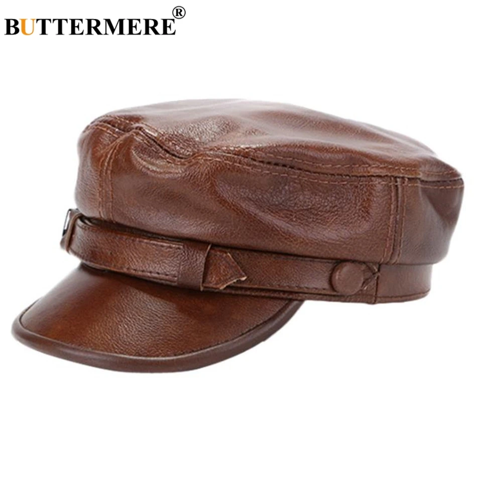 

BUTTERMERE Winter Hat For Men Women Military Army Caps Male Female Genuine Leather Newsboy Cap Black Brown Baker Boy Hat