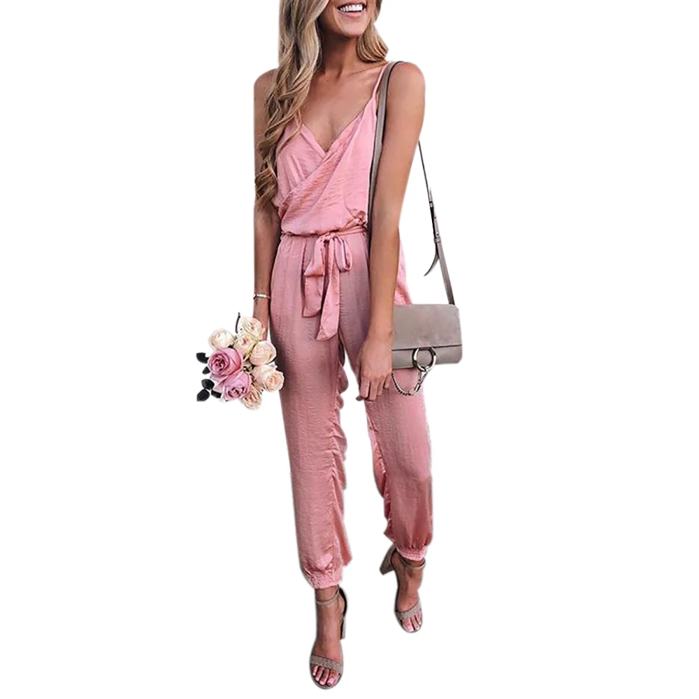 

2019 Women Solid Sleeveless Jumpsuit Sexy V Neck Playsuit Ladies Casual Sashes Overalls For Women Spaghetti Strap Trousers