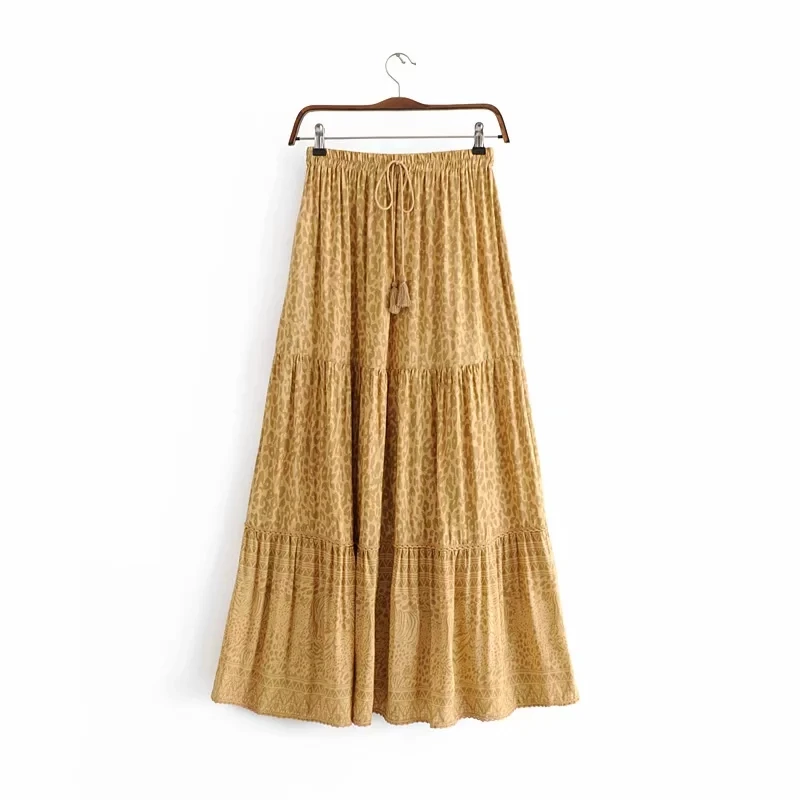 Летняя длинная юбка в стиле бохо леопардовая юбка с высокой талией Женская с эластичной завязкой в талии Повседневная Макси юбка шикарная Женская saias