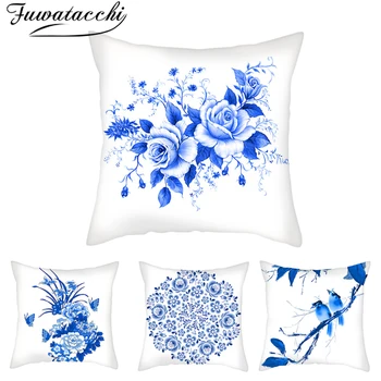 

Fuwatacchi Peach Skin Velvet Pillow Cover Blue Geometric Flower Printed Cushion Cover Decorative Pillow Case For Home Sofa Decor